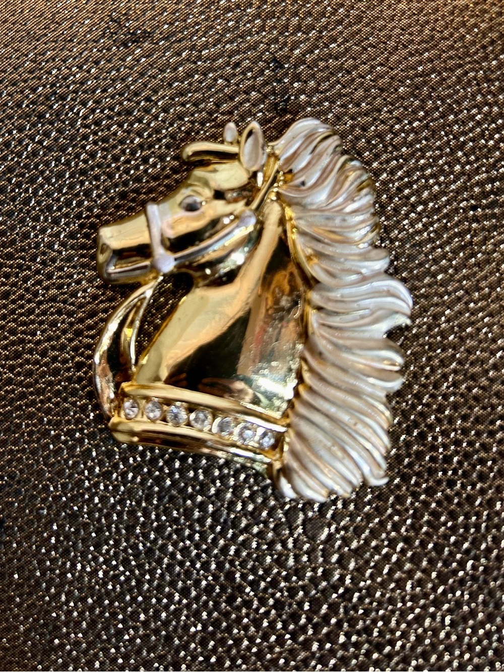 Gold and White Equestrian Horse Head Brooch with Rhinestone Accents